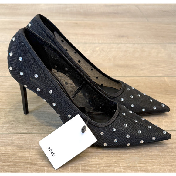MANGO MNG BLACK LOURSI RHINESTONE GLITTER MESH STILETTO HIGH HEELS SHOES 39 8.5 - Picture 7 of 8